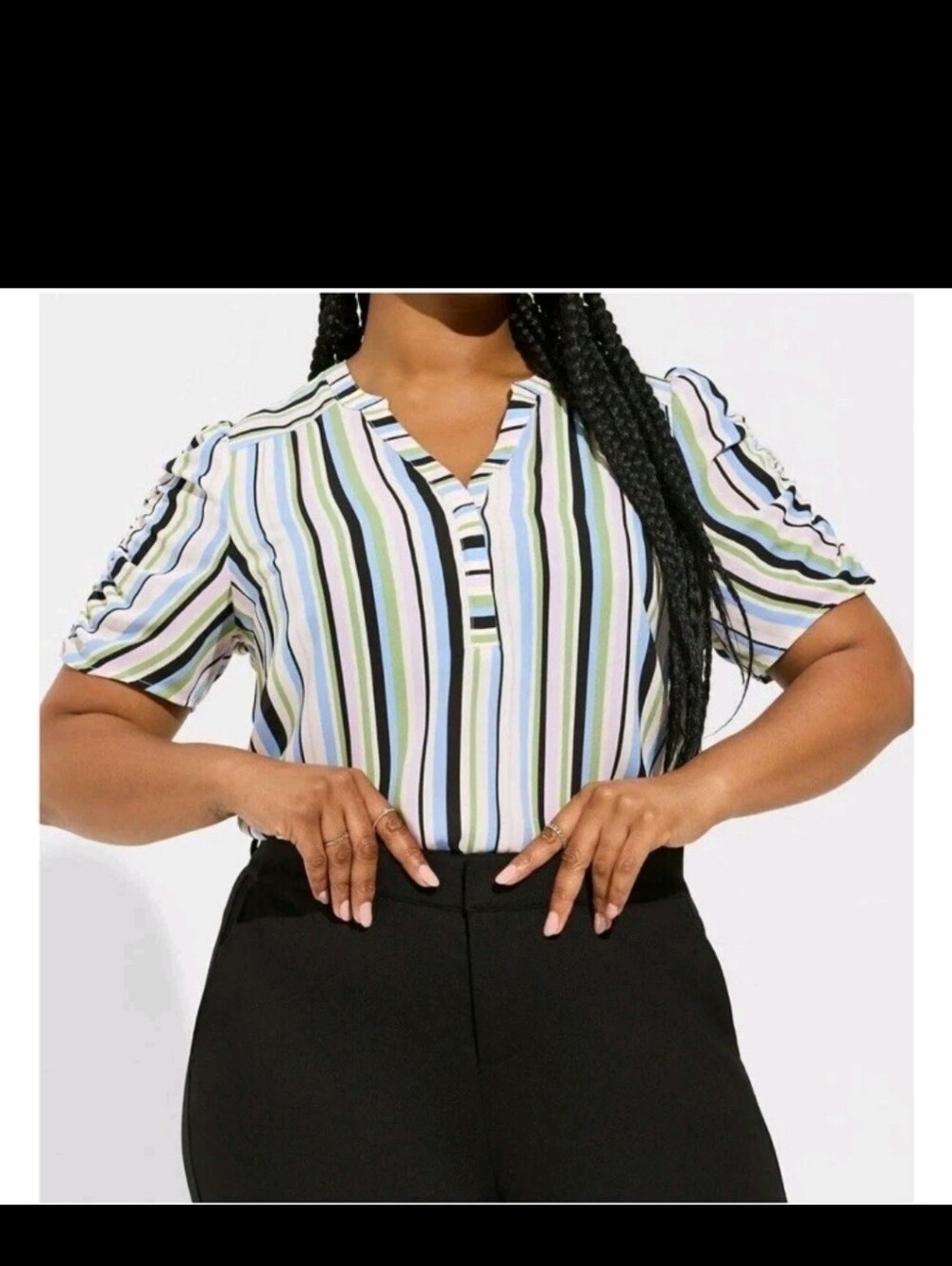 Striped Rouched-Sleeve V-Neck Blouse - Picture 2 of 8